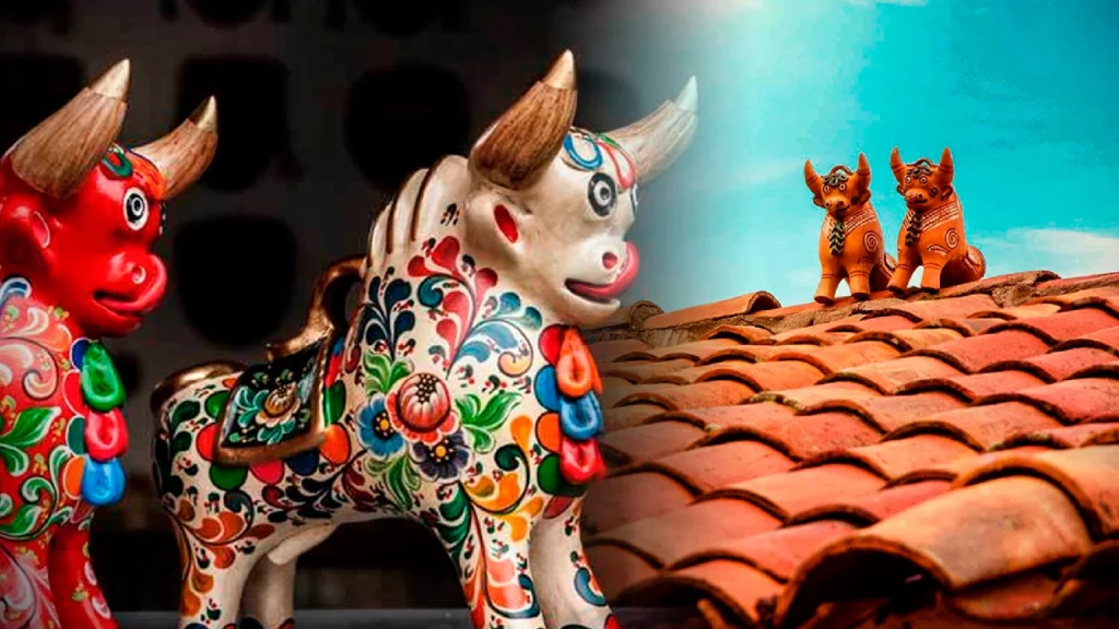 Toritos de Pucará artesanales colocados en pareja, símbolo de protección y abundancia en la cultura andina.