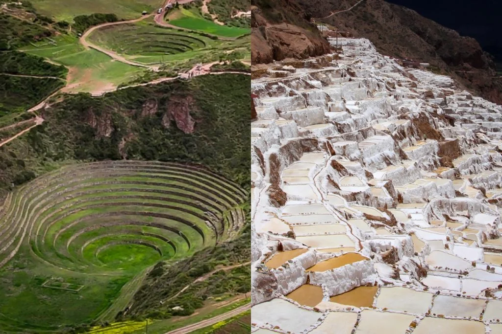 Vista panorámica de las Salineras de Maras y las terrazas circulares de Moray en el Valle Sagrado de Cusco