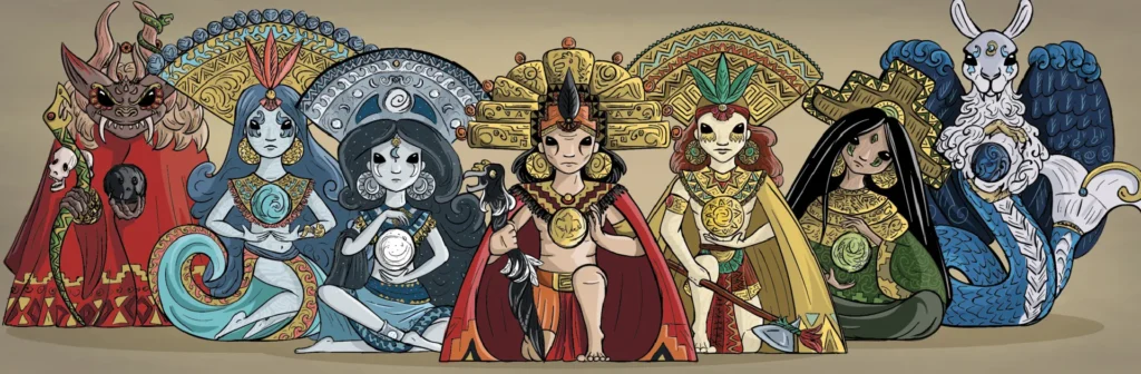 Representación de los principales dioses incas como Inti, Pachamama y Viracocha dentro de la cosmovisión andina.