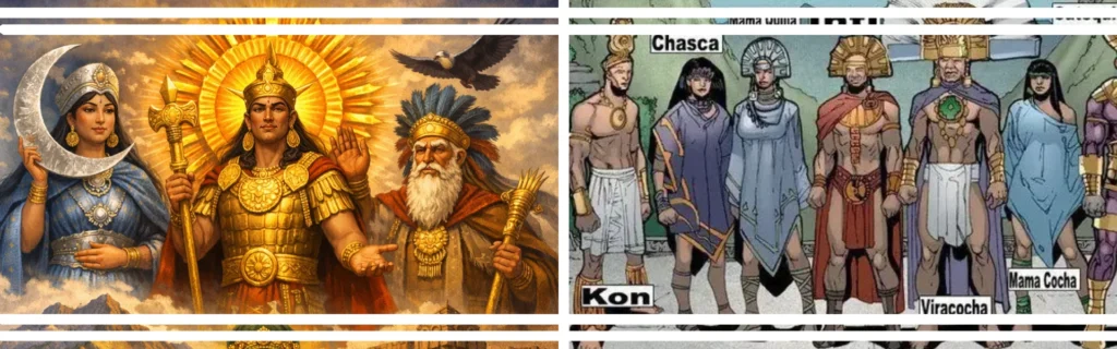 Principales dioses en el Imperio Inca como Inti, Viracocha y Pachamama representados en arte andino tradicional